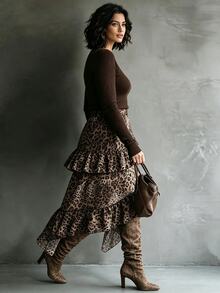 Ceyna Plus Size Women's Summer Ruffle Hem Asymmetrical Skirt Elastic Waist Leopard Print Boho Elegant Fitted Loose Vintage Brunch Formal Brown - Multicolor - View 5