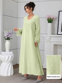 Mulvari Solid Color V-Neck Loose Embroidered Floral Collar Elegant Long Sleeve Flared Dress For Women - Green - View 3
