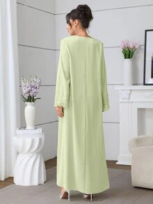 Mulvari Solid Color V-Neck Loose Embroidered Floral Collar Elegant Long Sleeve Flared Dress For Women - Green - View 6