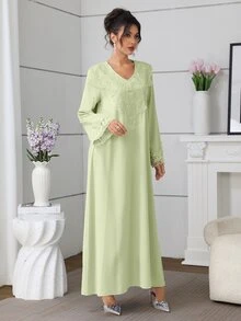 Mulvari Solid Color V-Neck Loose Embroidered Floral Collar Elegant Long Sleeve Flared Dress For Women - Green - View 8