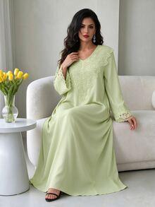 Mulvari Solid Color V-Neck Loose Embroidered Floral Collar Elegant Long Sleeve Flared Dress For Women - Green - View 1