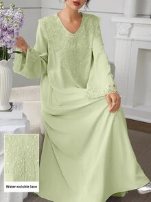 Mulvari Solid Color V-Neck Loose Embroidered Floral Collar Elegant Long Sleeve Flared Dress For Women - Green - View 7