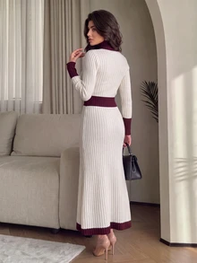 Modelyn Women's Fashion Vintage Zipper Half-Placket Long Sleeve Knit Dress - Multicolor - View 2