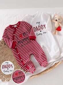 SHEIN 2件組新生兒圓領長袖上衣與長褲套裝，紅白條紋字母圖案，柔軟棉質，秋冬居家休閒舒適日常穿著 - 彩色 - 查看 3