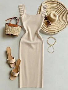 SHEIN Elegant Light Beige Autumn Brunch Ribbed Knit Sweater Dress For Women,Square Neck Backless Ruffle Hem Sleeveless Slim Fit Bodycon Midi Party Dress - Apricot - View 5