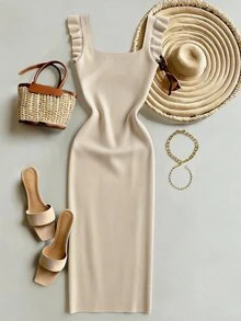 SHEIN Elegant Light Beige Autumn Brunch Ribbed Knit Sweater Dress For Women,Square Neck Backless Ruffle Hem Sleeveless Slim Fit Bodycon Midi Party Dress - Apricot - View 3