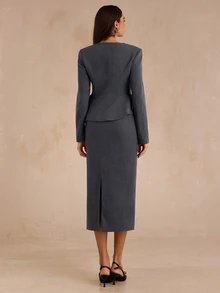 Enchnt Premium Winter Romantic Women's Elegant Grey Frog Toggle Button Suit Jacket And Skirt Set,Work Outfits,Going Outfits,Formal Outfits,Office - Dark Grey - View 8
