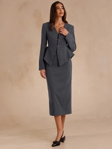Enchnt Premium Winter Romantic Women's Elegant Grey Frog Toggle Button Suit Jacket And Skirt Set,Work Outfits,Going Outfits,Formal Outfits,Office - Dark Grey - View 5