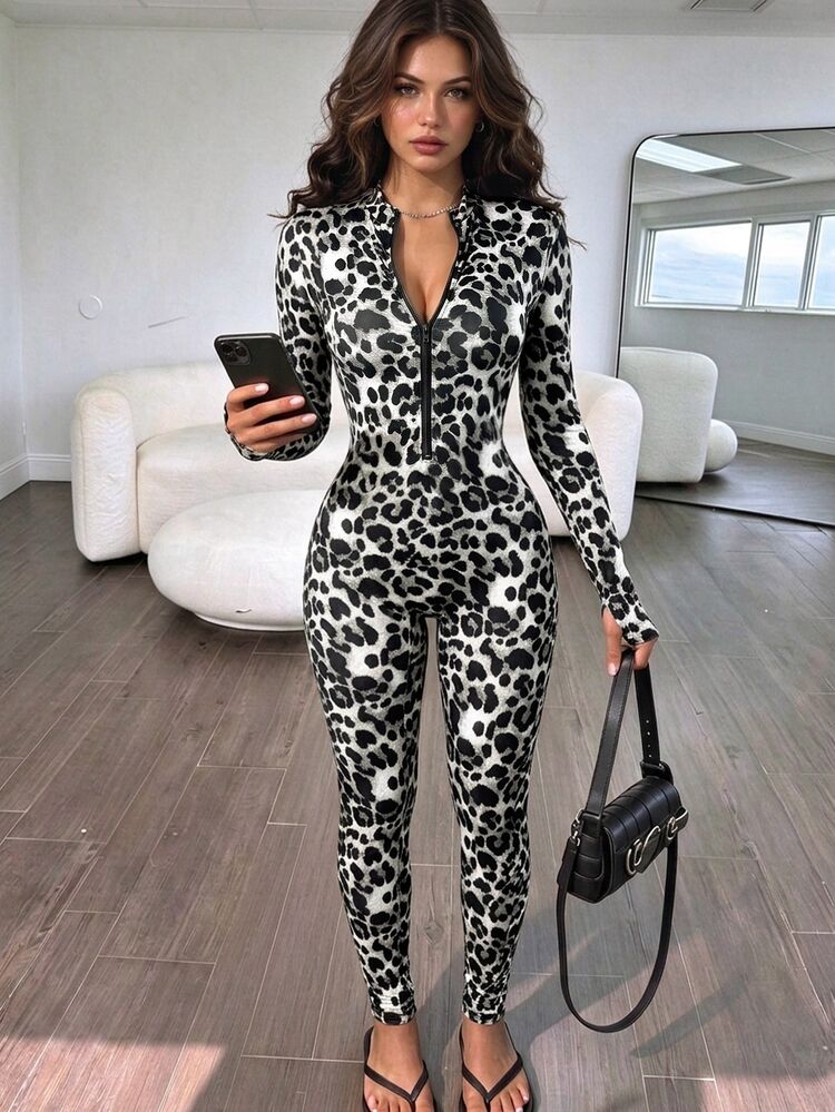 SHEIN Women Elegant Sexy Y2K Grey Leopard Print Zipper Long Sleeve Bodycon Jumpsuit For Holiday Party - Multicolor - View 3