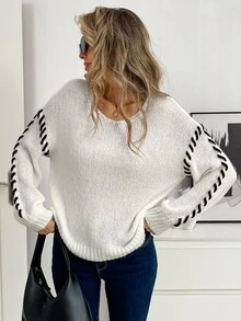 SHEIN LUNE V- White Thick Rope Hand-Stitched Contrast Color Lantern Sleeve Ribbed Hem Slouchy Women's Sweater Brunch Going Out Fall Casual - White - View 1