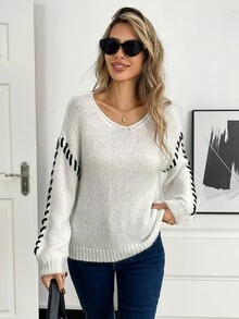 SHEIN LUNE V- White Thick Rope Hand-Stitched Contrast Color Lantern Sleeve Ribbed Hem Slouchy Women's Sweater Brunch Going Out Fall Casual - White - View 5