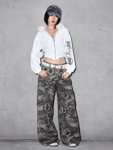 ROMWE Grunge Punk Y2K Chic Letter Embroidery Cross Patchwork Distressed Loose Wide Leg Low Waist Camouflage Denim Jeans For Women - Grey - View 3
