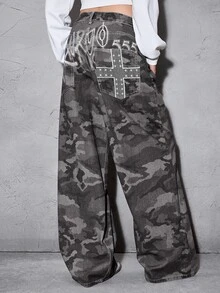 ROMWE Grunge Punk Y2K Chic Letter Embroidery Cross Patchwork Distressed Loose Wide Leg Low Waist Camouflage Denim Jeans For Women - Grey - View 1