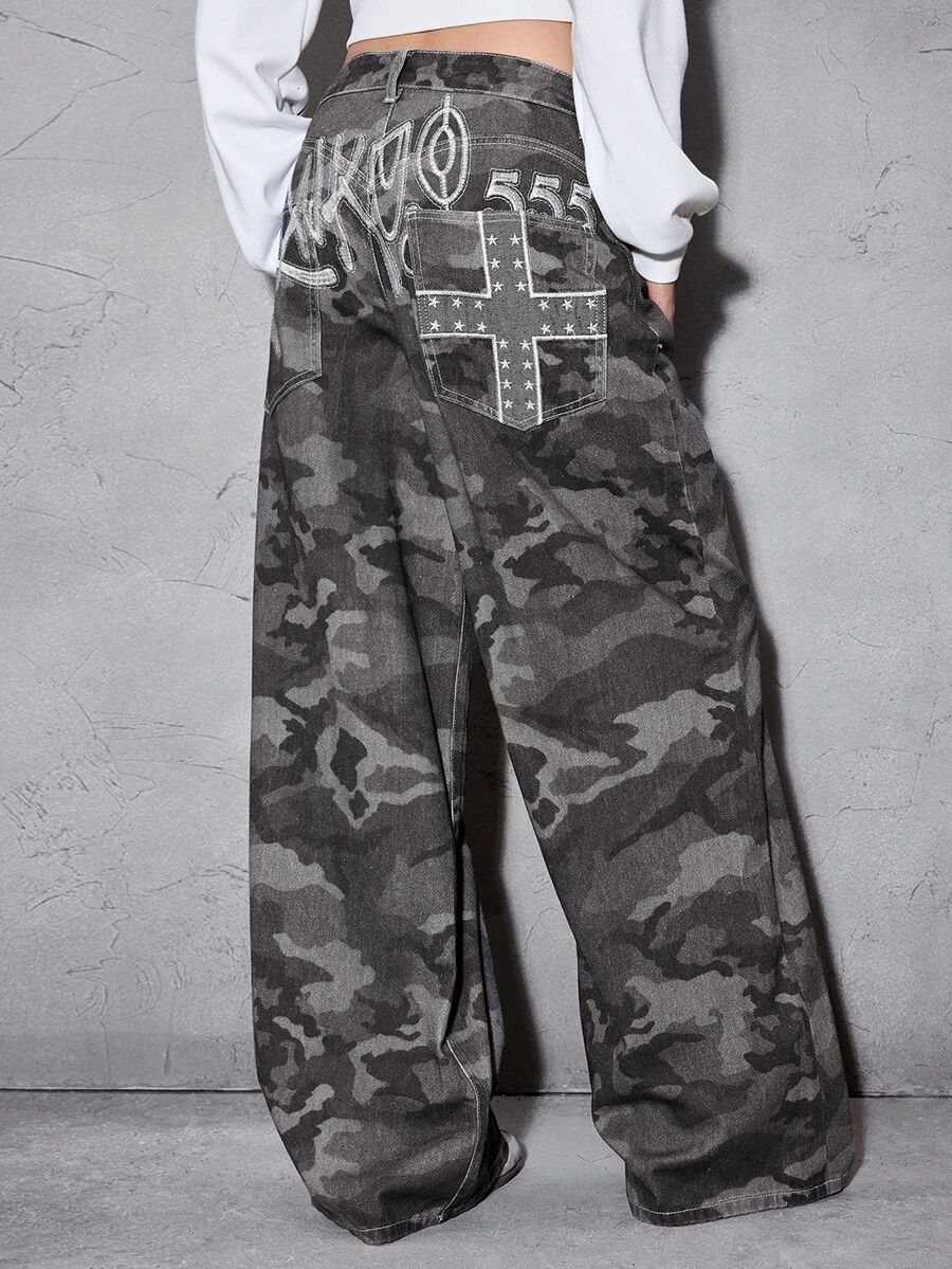 ROMWE Grunge Punk Y2K Chic Letter Embroidery Cross Patchwork Distressed Loose Wide Leg Low Waist Camouflage Denim Jeans For Women - Grey - View 1