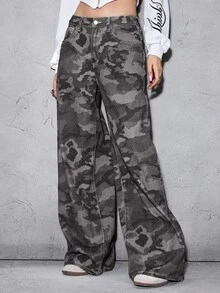 ROMWE Grunge Punk Y2K Chic Letter Embroidery Cross Patchwork Distressed Loose Wide Leg Low Waist Camouflage Denim Jeans For Women - Grey - View 5
