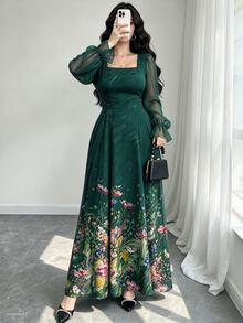 Seusyu Plus Size Elegant Commuter Floral Print Dress - Multicolor - View 2