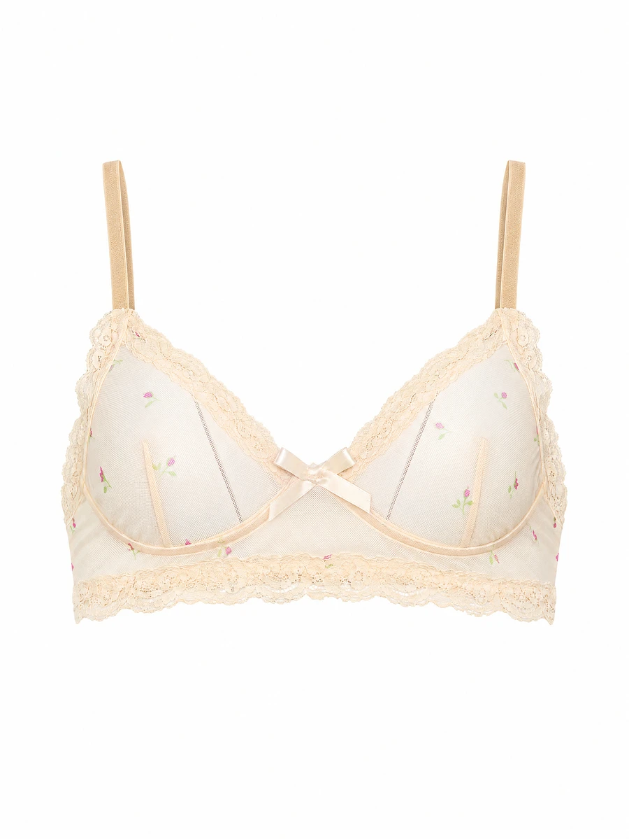 AiiRZ Floral Mesh Bralette With Lace Trim Edges Adjustable Straps Satin Bow Detail And Underwire Cups For Everyday Wear - Multicolor - View 1