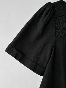 SHEIN LUNE Black Square Neck Lace Patchwork Casual Elegant Blouse For Women Brunch Everyday Summer - Black - View 4