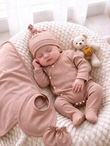 1pc Newborn Ribbed Knit Set, Skin-Friendly Ribbed Texture, Side Snap Button Detail, Suitable For Home, Sleep, Outings, Spring/Autumn/All Seasons, Versatile For Home Wear, Layering And More - Multicolor - View 4