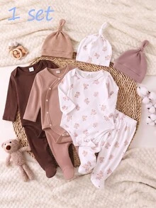 1pc Newborn Ribbed Knit Set, Skin-Friendly Ribbed Texture, Side Snap Button Detail, Suitable For Home, Sleep, Outings, Spring/Autumn/All Seasons, Versatile For Home Wear, Layering And More - Multicolor - View 1