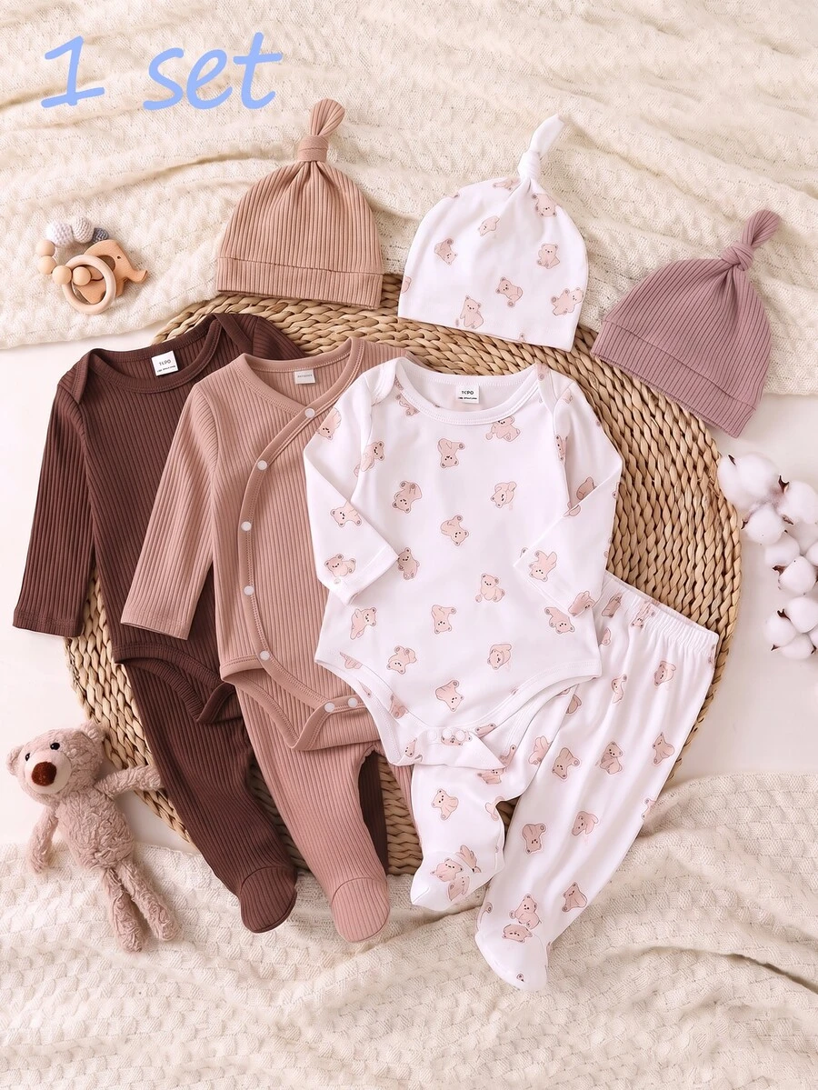 1pc Newborn Ribbed Knit Set, Skin-Friendly Ribbed Texture, Side Snap Button Detail, Suitable For Home, Sleep, Outings, Spring/Autumn/All Seasons, Versatile For Home Wear, Layering And More - Multicolor - View 1