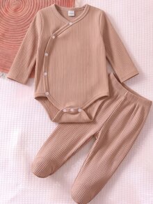 1pc Newborn Ribbed Knit Set, Skin-Friendly Ribbed Texture, Side Snap Button Detail, Suitable For Home, Sleep, Outings, Spring/Autumn/All Seasons, Versatile For Home Wear, Layering And More - Multicolor - View 5