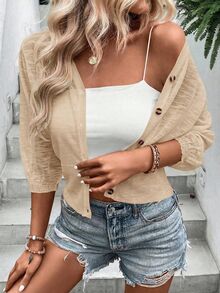 SHEIN Women's Casual Everyday Commute Minimalist Solid Color Single-Breasted Lightweight Sheer Cardigan, Spring/Autumn - Apricot - View 8