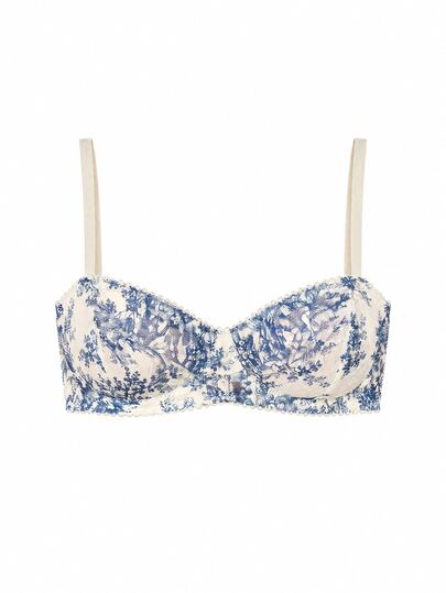 AiiRZ Floral Lace Balconette Bra With Underwire Blue And Cream Toile Print Scalloped Trim Adjustable Straps Hook And Eye Closure