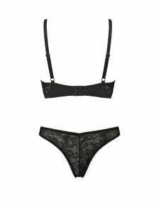 AiiRZ Floral Lace Balconette Bra With Underwire And Scalloped Trim And Cheeky Lace Brief Lingerie Set - Black - View 2