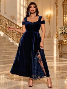 Auvina Plus Size Women's Elegant Navy Velvet Mesh Panel Slit Dress, Cold Shoulder Ruched Embroidered Gown, Sophisticated Occasion Wear For Business Banquet Party - Navy Blue - View 4