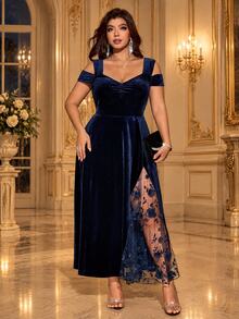 Auvina Plus Size Women's Elegant Navy Velvet Mesh Panel Slit Dress, Cold Shoulder Ruched Embroidered Gown, Sophisticated Occasion Wear For Business Banquet Party - Navy Blue - View 3