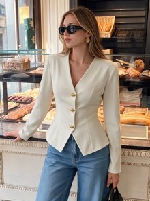 valorelle valorelle Structured Women's Fashion New V-Neck Long Sleeve Jacket, Water Drop Button Design, Versatile Commuter Style T-Shirt - Apricot - View 6