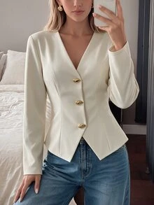 valorelle valorelle Structured Women's Fashion New V-Neck Long Sleeve Jacket, Water Drop Button Design, Versatile Commuter Style T-Shirt - Apricot - View 4