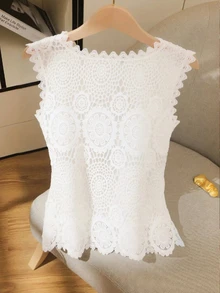 valorelle valorelle 女款鉤編蕾絲V領背心上衣，時尚修身無袖上衣，度假休閒海灘、婚禮、生日適用，生日禮服 - 白色 - 查看 2
