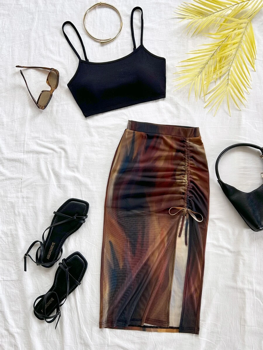 Soleia New Vacation Knitted Sunset Print Twist Slit Metal Decor Design Vest And Skirt 2 Pieces Set No Chest Padding - Multicolor - View 1