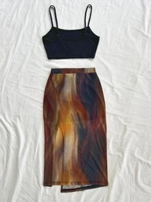Soleia New Vacation Knitted Sunset Print Twist Slit Metal Decor Design Vest And Skirt 2 Pieces Set No Chest Padding - Multicolor - View 2
