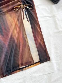 Soleia New Vacation Knitted Sunset Print Twist Slit Metal Decor Design Vest And Skirt 2 Pieces Set No Chest Padding - Multicolor - View 3
