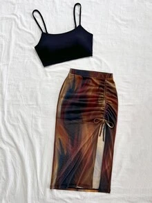 Soleia New Vacation Knitted Sunset Print Twist Slit Metal Decor Design Vest And Skirt 2 Pieces Set No Chest Padding - Multicolor - View 4