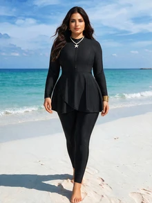SHEIN Swim 大码女式纯色长袖和长裤拉链防晒衣布基尼套装 - 黑色 - 查看 1