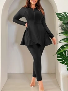 SHEIN Swim 大码女式纯色长袖和长裤拉链防晒衣布基尼套装 - 黑色 - 查看 8