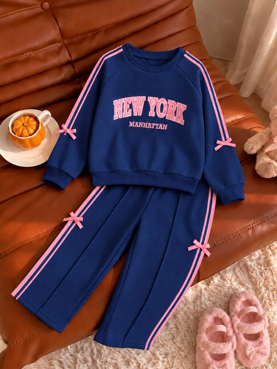 SHEIN 2 قطعة/مجموعة ملابس رياضية للفتيات بأسلوب فرنسي أنيق وجميل باللون الرمادي، أكمام طويلة، صوف، شتاء/ربيع/خريف - أزرق غامق - مشاهدة 1