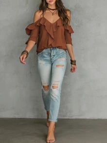 LUMIGAL Women's Summer Casual Vacation Style Solid Color Cold Shoulder Lace Loose Blouse - Brown - View 6