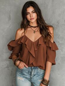 LUMIGAL Women's Summer Casual Vacation Style Solid Color Cold Shoulder Lace Loose Blouse - Brown - View 1