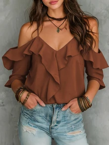 LUMIGAL Women's Summer Casual Vacation Style Solid Color Cold Shoulder Lace Loose Blouse - Brown - View 4