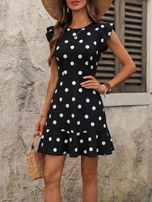 SHEIN Clasi Women's Round Neck Flutter Sleeve Ruffle Sleeve Knit Elastic Waist Slimming A-Line Tropical Floral Print Ruffle Hem Elegant Casual Street Vacation Spring Summer Short Dress - Black and White - View 5