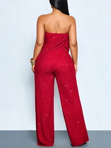 SOLERSUN Plus Size Elegant Party Strapless Ruched Draped Wide Leg Jumpsuit, High Elastic Textured Shiny Party, Fashion Elegant Commute Party Halloween Party - Red - View 5