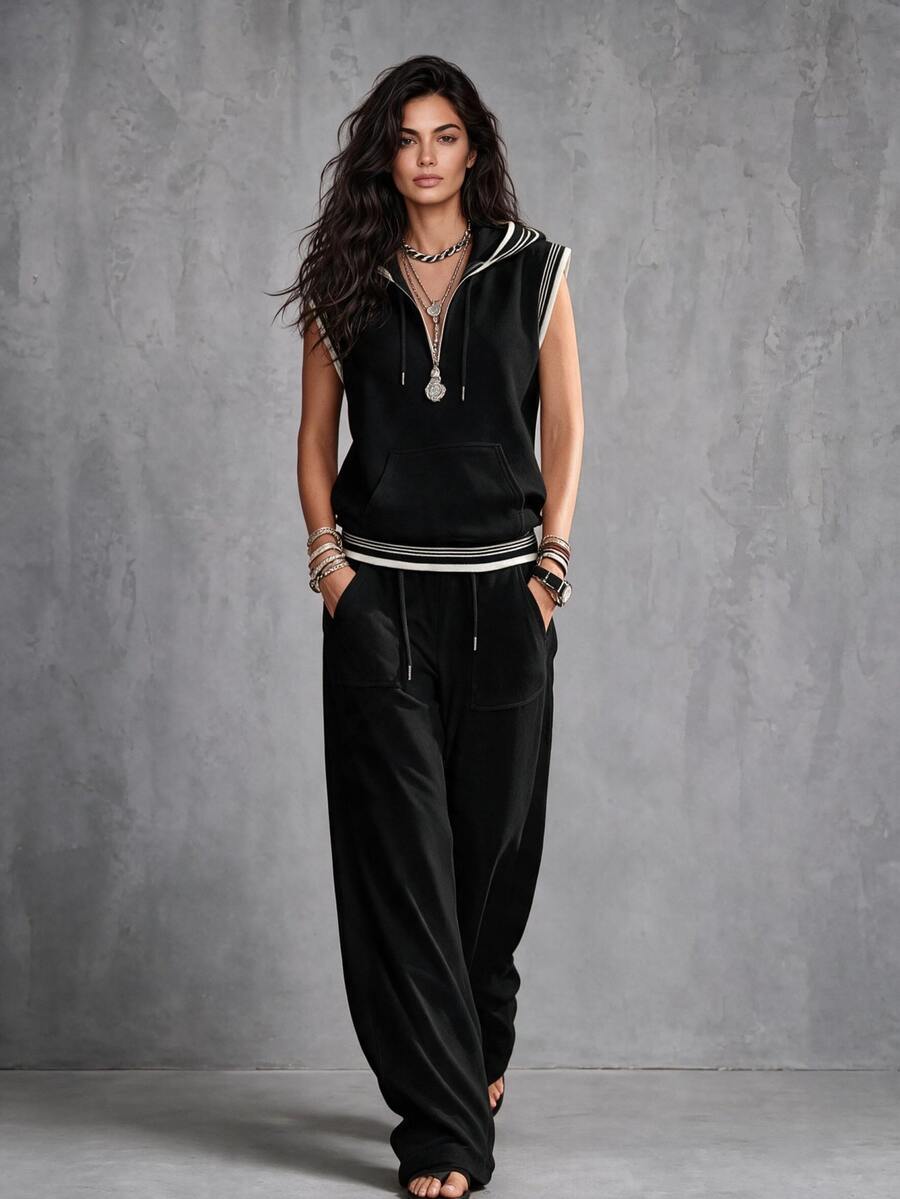 LUMIGAL Women's Hooded Colorblock Top And Pants Casual Daily 2 Pieces Set - Black - View 1