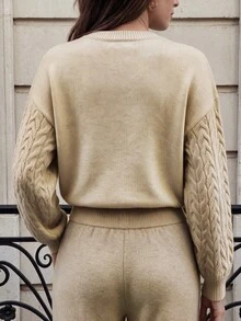 SHEIN LUNE Women's Fall Textured Pullover Sweater Cable Knit Round Neck Drop Shoulder Loose Lantern Long Sleeve Ribbed Hem Everyday Beige Casual - Apricot - View 4
