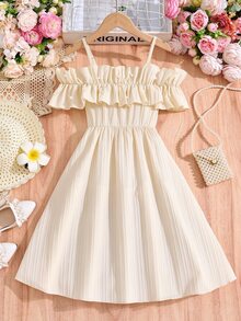 SHEIN Tween Girls' Casual Woven Ruffle Off Shoulder Adjustable Simple Mini Dress, Spring/Summer, Daily, Outfit - Apricot - View 6