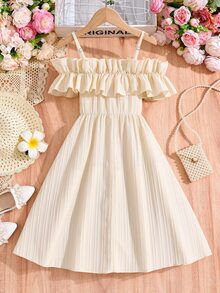 SHEIN Tween Girls' Casual Woven Ruffle Off Shoulder Adjustable Simple Mini Dress, Spring/Summer, Daily, Outfit - Apricot - View 3